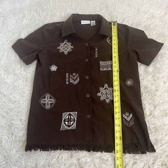 Alfred Dunner Womens Vintage 90s Brown Beaded Embroidered Fringe Blouse Size 8 - Picture 5 of 9